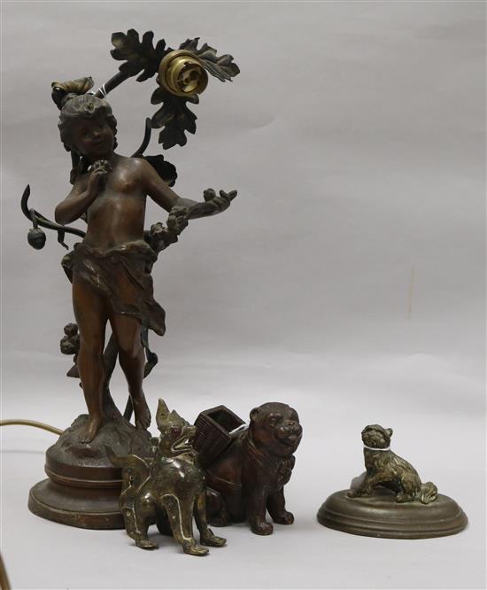 A 19th century bronze seated pug vesta and match holder, a spelter figural table lamp and two other items